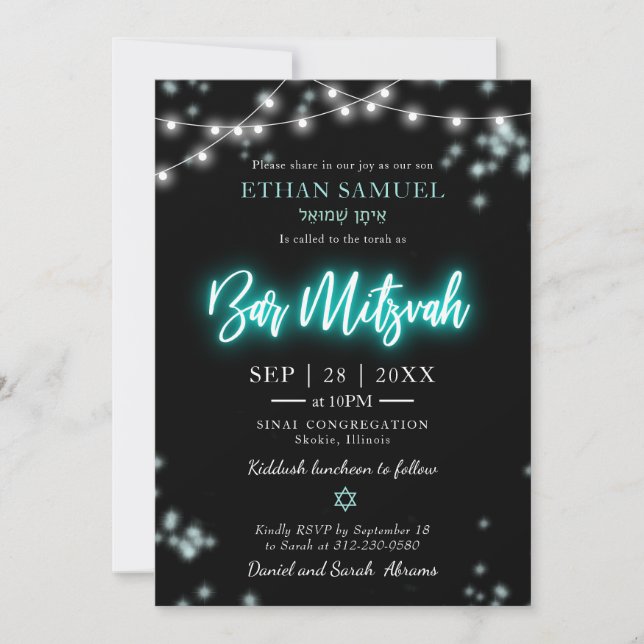 Invitation Bar Mitzvah Thème Néon Turquoise (Devant)
