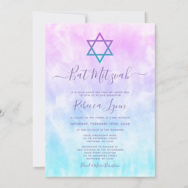 Invitation Bar Mitzvah Tie and Dye Violet Turquoise (Devant)