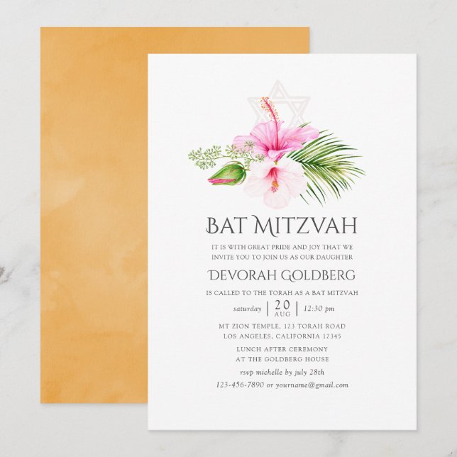 Invitation Bar Mitzvah tropical floral aquarelle (Devant / Derrière)
