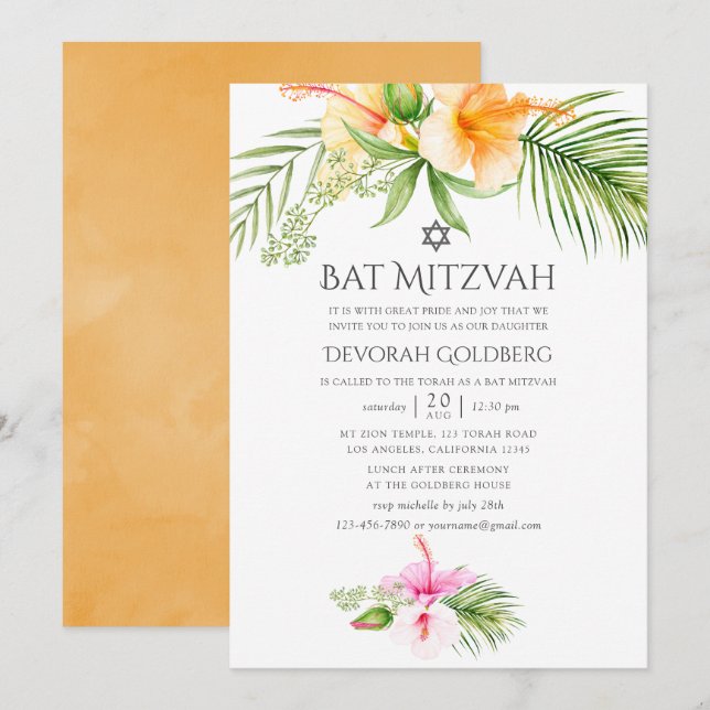 Invitation Bar Mitzvah tropical floral aquarelle (Devant / Derrière)