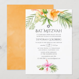 Invitation Bar Mitzvah tropical floral aquarelle