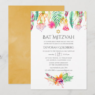 Invitation Bar Mitzvah tropical floral aquarelle d'été