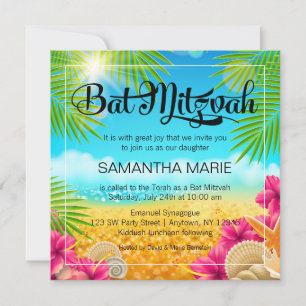 Invitation Bar Mitzvah Tropicale Rose Hibiscus de Plage