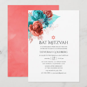 Invitation Bar Mitzvah turquoise et corail vivant à motif flo