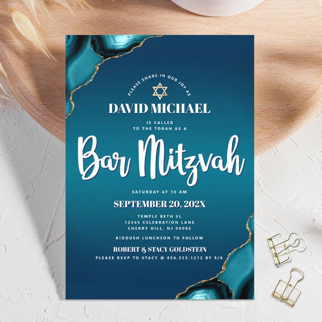 Invitation Bar Mitzvah Turquoise Ombré Agate Écriture Moderne (Créateur téléchargé)