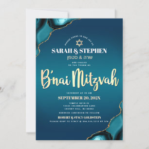 Invitation Bar Mitzvah Turquoise Ombré Agate Or Écriture Scri