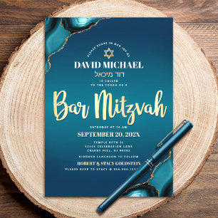 Invitation Bar Mitzvah Turquoise Ombre Agate Or Script Bold
