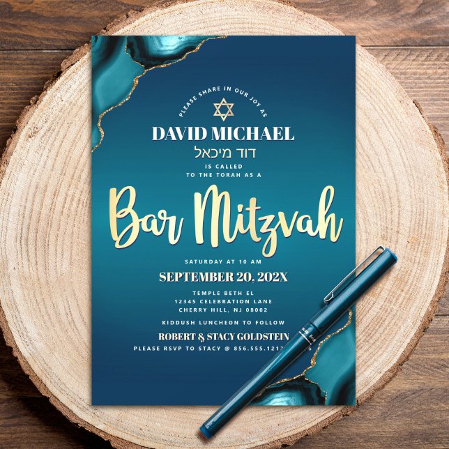 Invitation Bar Mitzvah Turquoise Ombre Agate Or Script Bold (Créateur téléchargé)