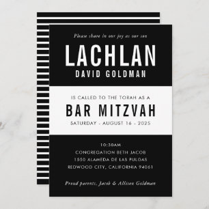 Invitation BAR MITZVAH typographie minimale moderne noir blan