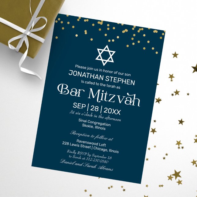 Invitation Bar Mitzvah typographie moderne or confettis bleus (Créateur téléchargé)