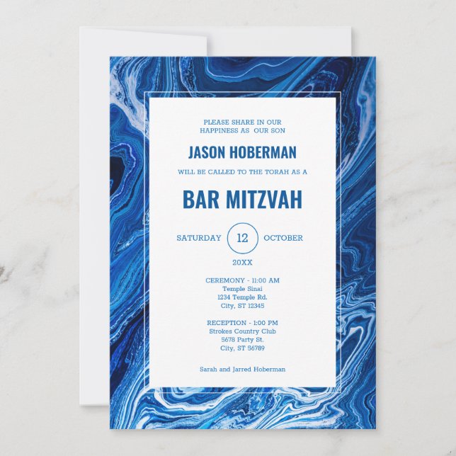 Invitation Bar Mitzvah Vagues d'Océan Bleu Élégant (Devant)