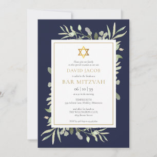 Invitation Bar Mitzvah Végétation Aquarelle Bleu Nuit
