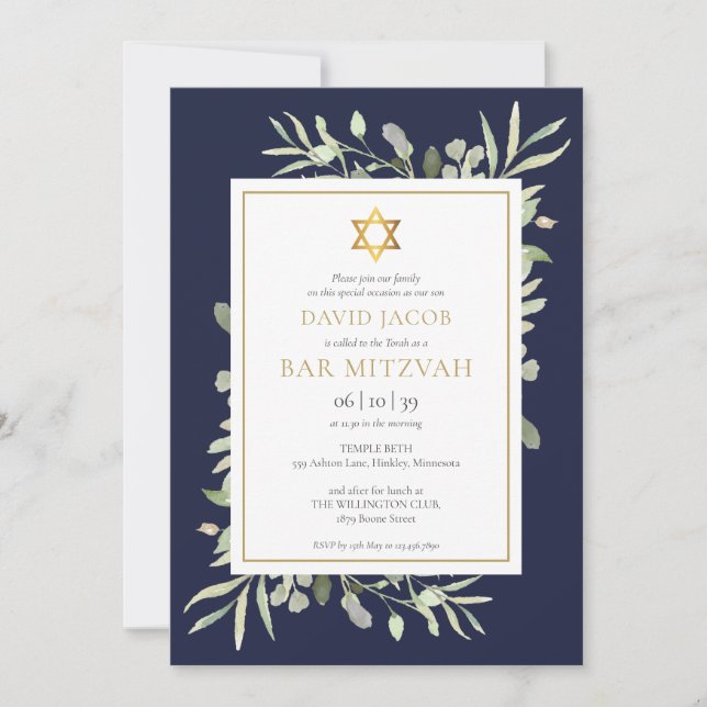 Invitation Bar Mitzvah Végétation Aquarelle Bleu Nuit (Devant)