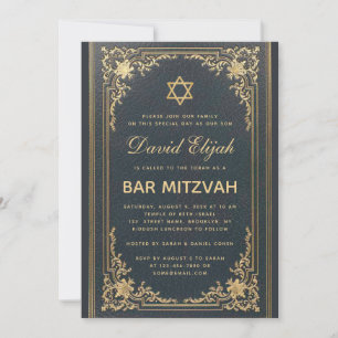 Invitation Bar Mitzvah Vintage Élégant Étoile Dorée Bleu Fonc