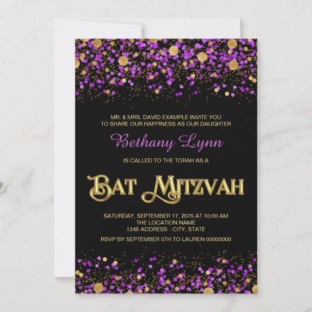 Invitation Bar Mitzvah Violet et Or à Paillettes (Devant)