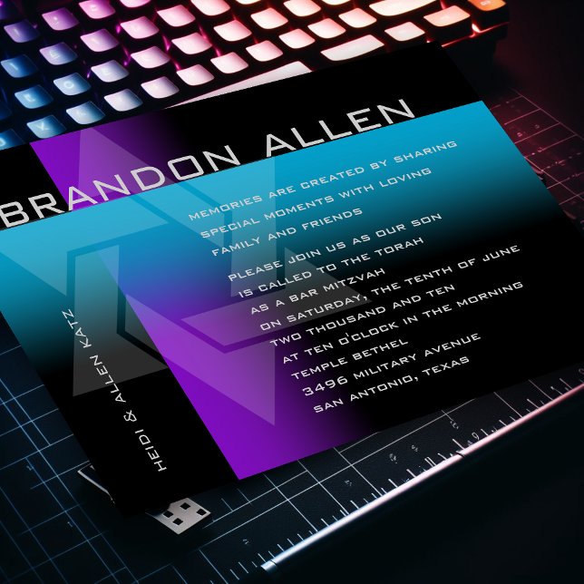 Invitation Bar Mitzvah violet et turquoise sur n'importe quel (Créateur téléchargé)