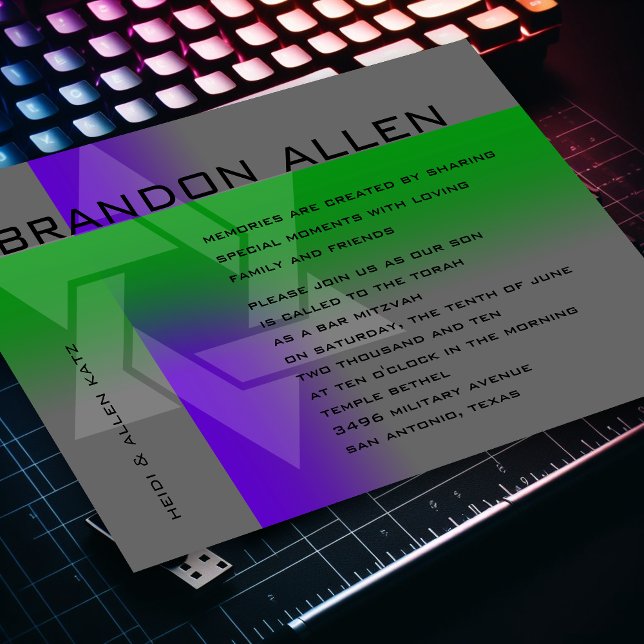 Invitation Bar Mitzvah violet et vert sur n'importe quelle co (Créateur téléchargé)