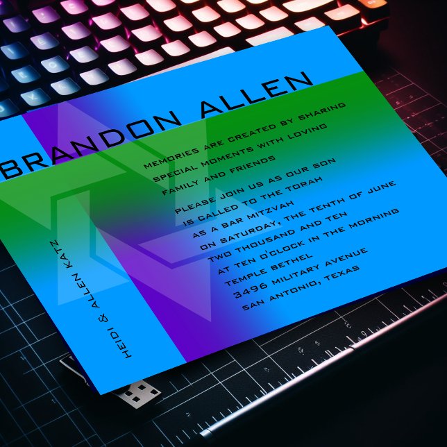 Invitation Bar Mitzvah violet et vert sur n'importe quelle co (Créateur téléchargé)