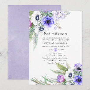 Invitation Bar Mitzvah violet pastel et floral prune