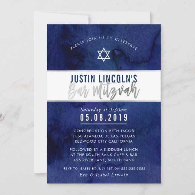 Invitation BAR MODERNE MITZVAH bleu aquarelle argent type (Devant)
