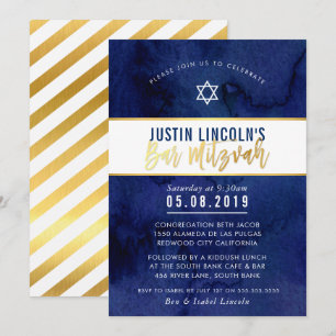 Invitation BAR MODERNE MITZVAH bleu foncé couleur or type