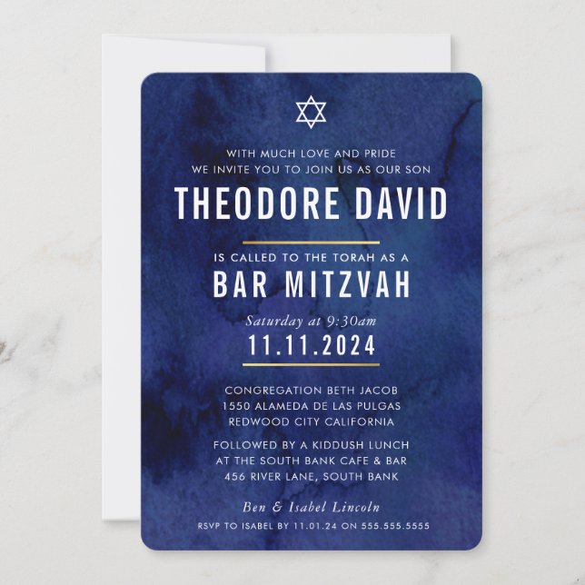 Invitation BAR MODERNE MITZVAH bleu foncé motif simple (Devant)
