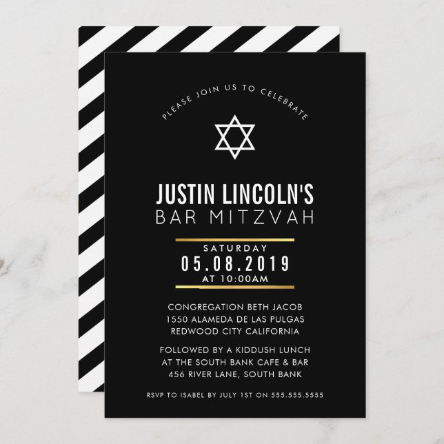 Invitation BAR MODERNE MITZVAH classe cool bold minimaliste n (Devant / Derrière)