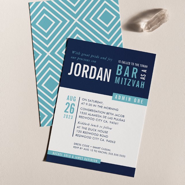 Invitation BAR MODERNE MITZVAH cool bold bloc marine aqua ble (Créateur téléchargé)