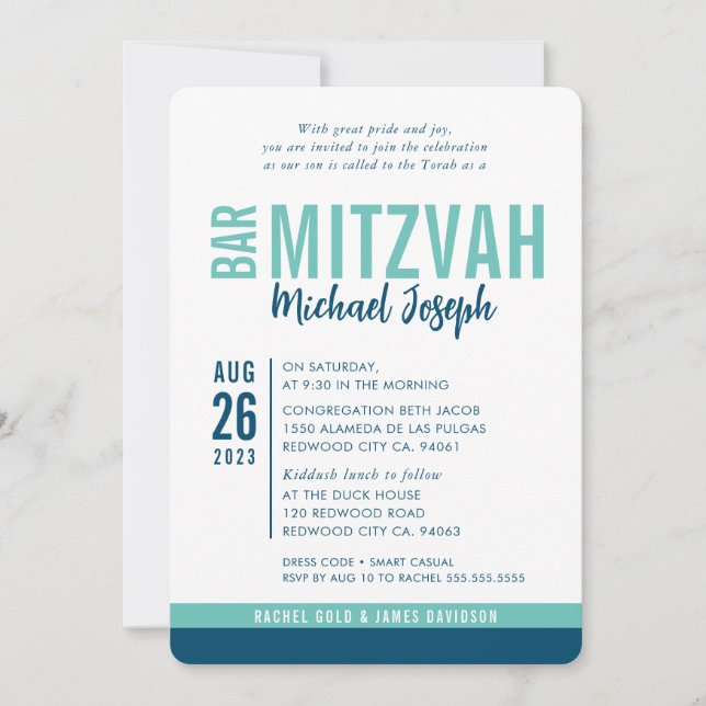 Invitation BAR MODERNE MITZVAH date tendance bleu menthe vert (Devant)