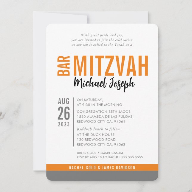 Invitation BAR MODERNE MITZVAH date tendance orange gris (Devant)