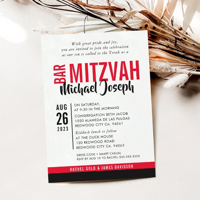 Invitation BAR MODERNE MITZVAH date tendance rouge noir (Créateur téléchargé)