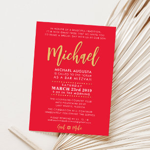 Invitation Bar moderne Mitzvah garçon moderne rouge + or