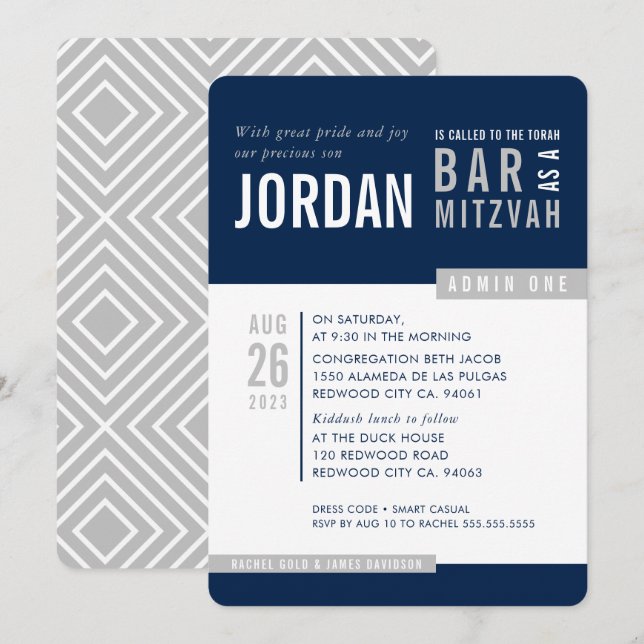 Invitation BAR MODERNE MITZVAH tendance bold bloc marine gris (Devant / Derrière)