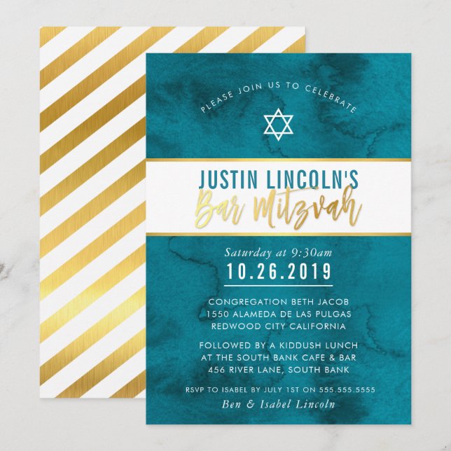 Invitation BAR MODERNE MITZVAH turquoise bleu aquarelle or ty (Devant / Derrière)