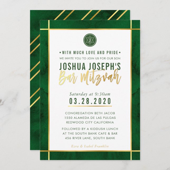 Invitation BAR MONOGRAM BAR MITZVAH forêt dorée bande or vert (Devant / Derrière)