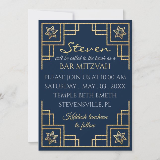 Invitation Bar ou Bat mitzvah Blue n Gold Art Deco (Devant)