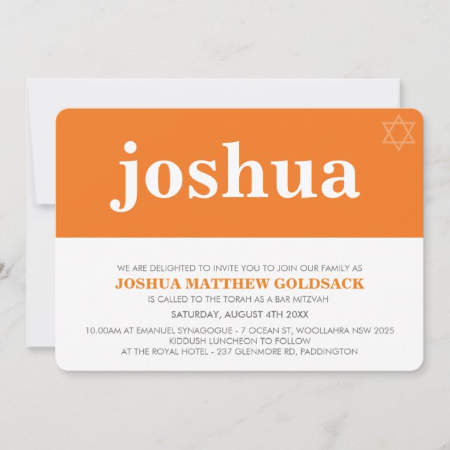 Invitation BAR SIMPLE MITZVAH cool moderne nom étoile orange (Devant)