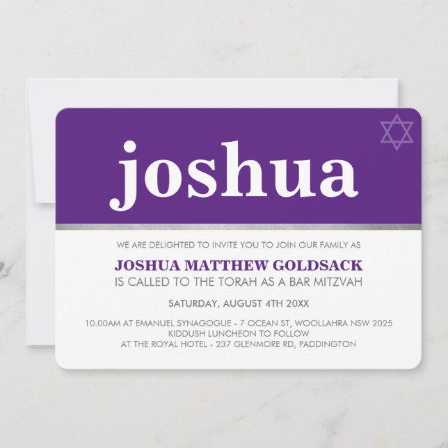 Invitation BAR SIMPLE MITZVAH cool moderne nom étoile violet (Devant)