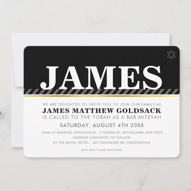 Invitation BAR SIMPLE MITZVAH moderne étoile juive noir blanc (Devant)