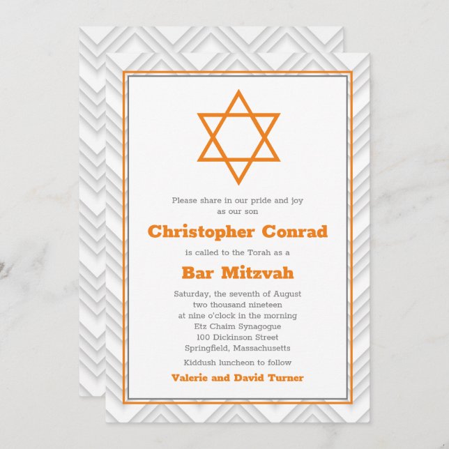 Invitation Bar traditionnel blanc orange Mitzvah (Devant / Derrière)
