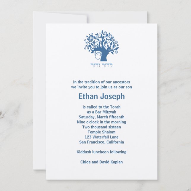 Invitation Barbar Mitzvah Arbre de vie hébreu bleu (Devant)