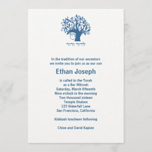 Invitation Barbar Mitzvah Arbre de vie hébreu bleu