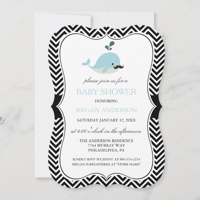 Invitation Barbe Bleue Baleine Chevron Garçon Baby Shower (Devant)