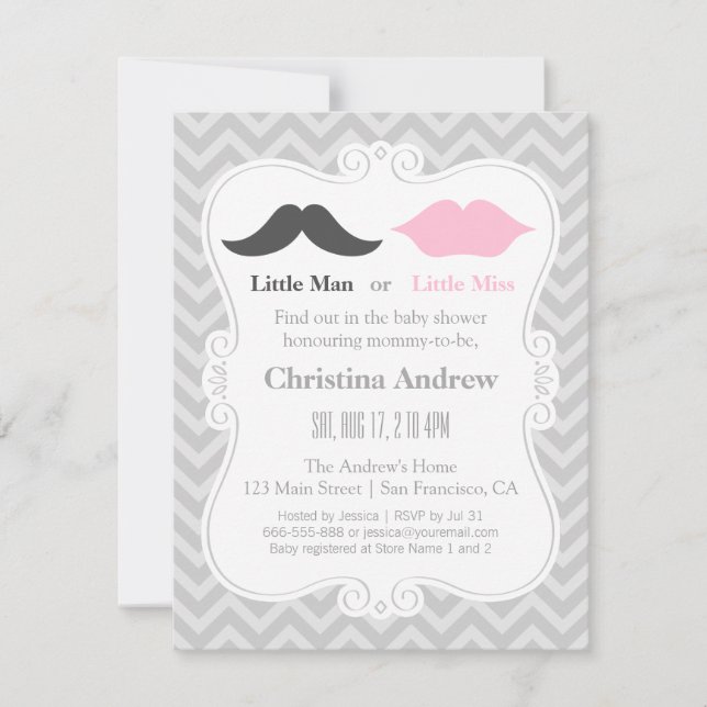 Invitation Barbe et Lèvres Grises Baby Shower pour Dévoiler l (Devant)