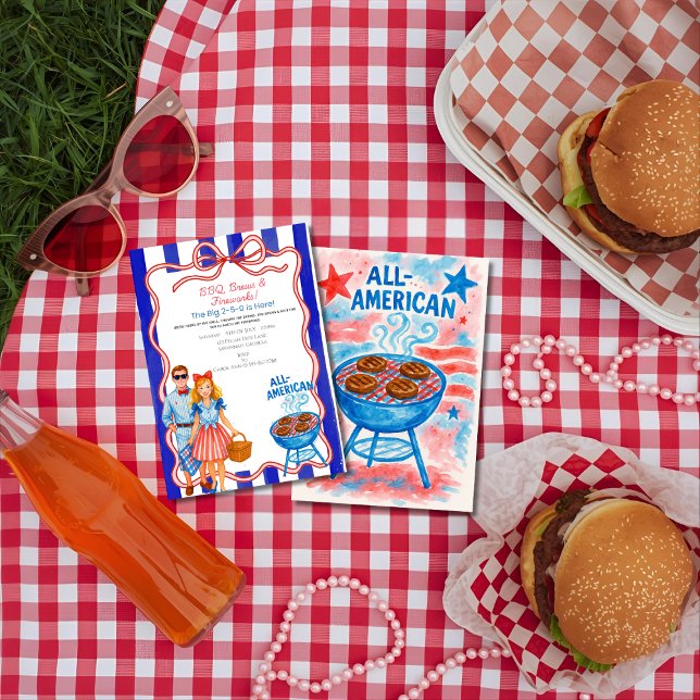 Invitation Barbecue, brasseries, feux d'artifice 4 juillet (Red Bow BBQ, Brews, Fireworks 4th of July Invitation)