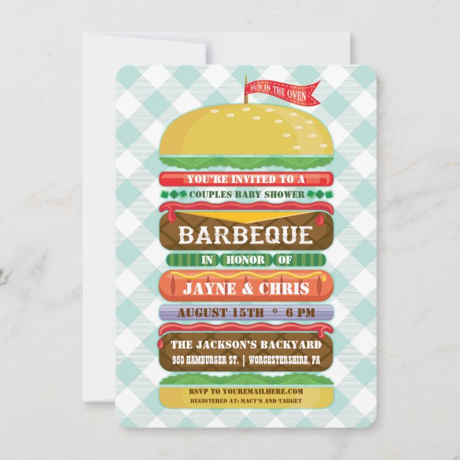 Invitation Barbecue de Baby Shower avec Hamburger Empilé (Devant)