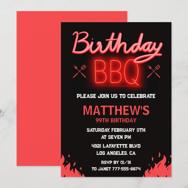 Invitation Barbecue de jardin noir 99e anniversaire (Devant / Derrière)