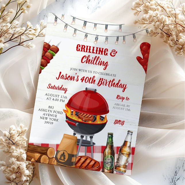 Invitation Barbecue de jardin rouge Fête d'anniversaire Grila (Créateur téléchargé)