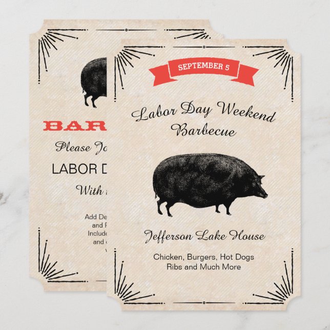 Invitation Barbecue de la fête du Travail Pique-nique Cochon  (Devant / Derrière)