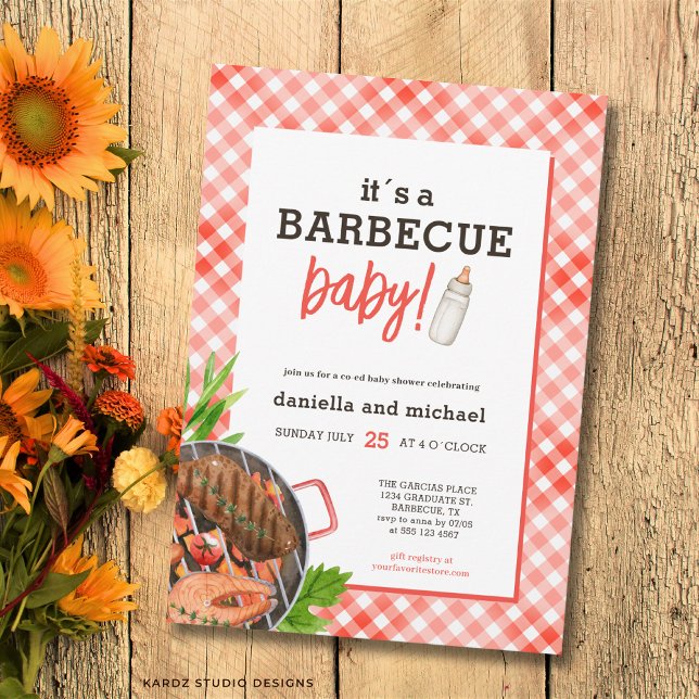 Invitation Barbecue Fête Prénatale Rustic Red Grill (Front of the invitation shown in 5x7-inch. Choose size, paper, and corner style.)